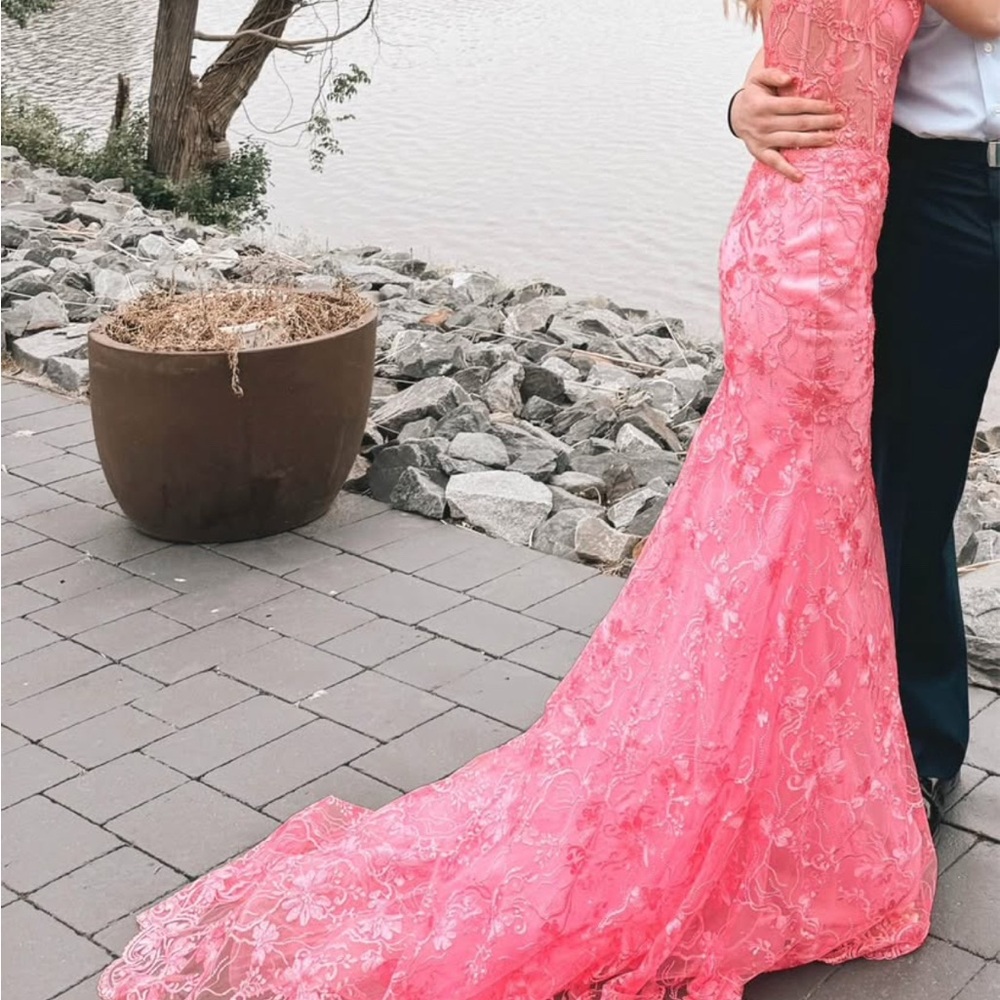 Elegant Pink Lace Prom Gown